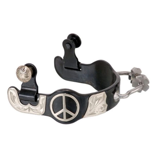 Black Steel Ladies Bumper Spurs with Engraved Silver Peace Sign GS182L